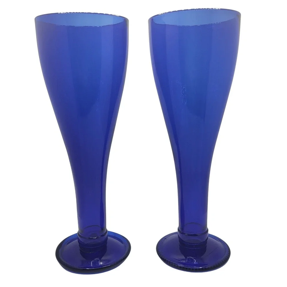 Champagne Flutes Pilsner Wine Glasses Cobalt Blue Set of 2 Mid-Century Modern